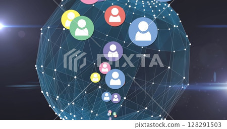 Image of digital social media icons over globe of network of connections Image of digital social media icons over globe of network of connections 128291503