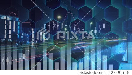 Image of financial data processing over hexagons and cityscape at night 128291536