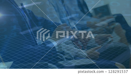 Image of binary coding and arrows over people using electronic devices Image of binary coding and arrows over people using electronic devices 128291537