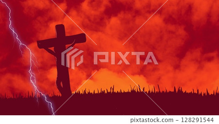 Digital composition of thunder effect over crucifix on cross against clouds in the sky 128291544