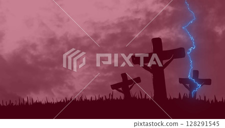 Digital composition of thunder effect over crucifix on cross against clouds in the sky 128291545