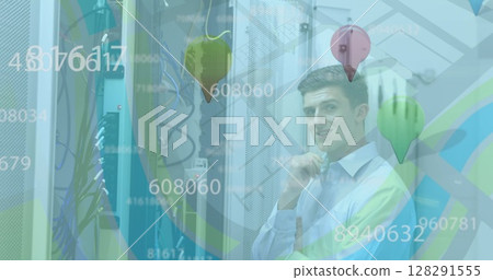 Image of numbers floating over caucasian man working in a server room 128291555