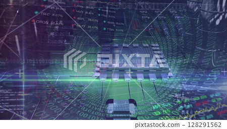 Image of graphs rolling with data and information over a metal shape 128291562