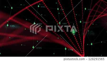 Digital image of dna structure spinning against network of connections on black background 128291565