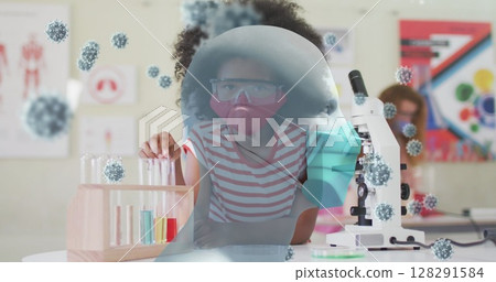 Image of coronavirus cells and model head over schoolchild wearing mask in class Image of coronavirus cells and model head over schoolchild wearing mask in class 128291584