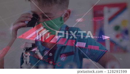 Coronavirus statistical data processing against boy wearing face mask using microscope at laboratory 128291599