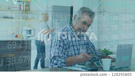 Image of financial data processing over senior man paying online using laptop Image of financial data processing over senior man paying online using laptop 128291605