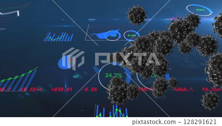 Image of covid 19 cells and data processing on blue background 128291621