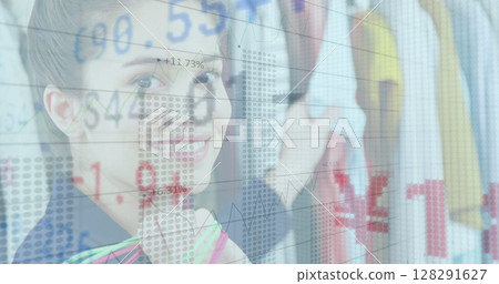 Image of numbers changing and statistics recording over woman clothes shopping 128291627