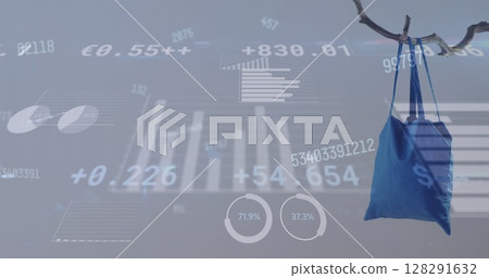 Image of numbers changing and statistics recording over blue shopping bag Image of numbers changing and statistics recording over blue shopping bag 128291632