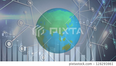 Image of globe spinning with graph rolling over microprocessor connections 128291661