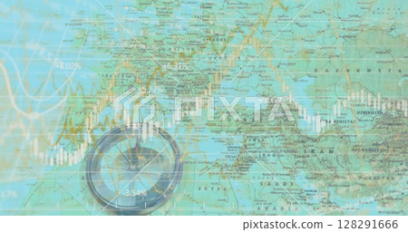 Image of graph rolling over a compass lying on a map Image of graph rolling over a compass lying on a map 128291666