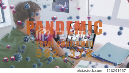 Image of covid19 cells and number of cases over man using laptop on image call 128291667