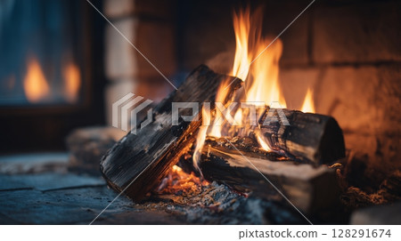 Warm logs burning brightly in a fireplace while glowing embers light up the room during a cozy evening gathering 128291674