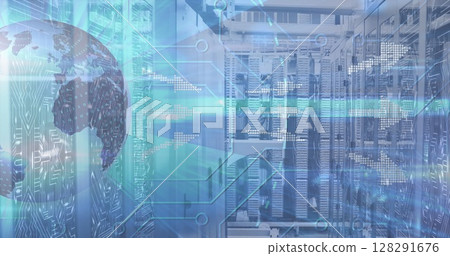 Image of globe spinning with pixel arrows over a cityscape 128291676