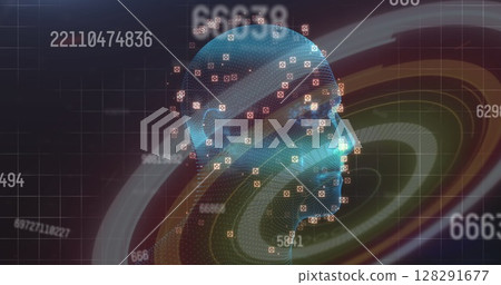 Image of scope scanning, numbers changing over human head spinning on grid in background 128291677