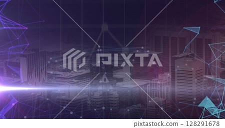 Image of colourful shapes floating over a cityscape Image of colourful shapes floating over a cityscape 128291678