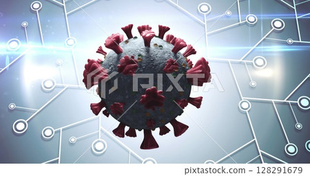 Image of a covid cell spinning over microprocessor connections 128291679