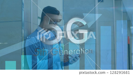 Image of 5g 5th generation text over arrow pointing up, statistics over man using tablet 128291681