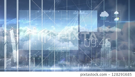 Image of a weather website with clouds moving over a cityscape 128291685