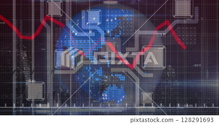 Digital image of graphs moving and data processing against microprocessor connections Digital image of graphs moving and data processing against microprocessor connections 128291693