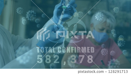 Image of biohazard symbol with total confirmed rising numbers and doctor preparing vaccination Image of biohazard symbol with total confirmed rising numbers and doctor preparing vaccination 128291713