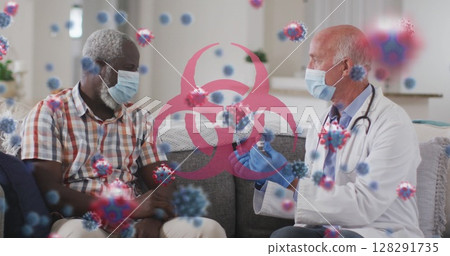 Image of covid 19 cells and biohazard symbol with male doctor giving vaccination to woman 128291735