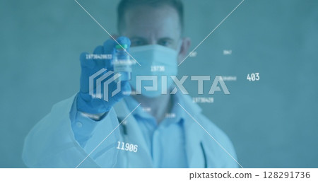 Image of statistic numbers and masked doctor holding vaccine vial 128291736