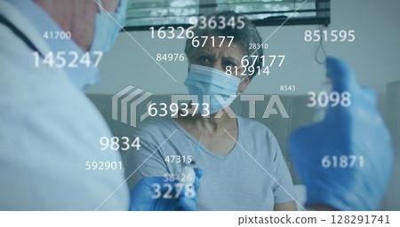 Image of statistic numbers and masked woman with doctor holding vaccine vial Image of statistic numbers and masked woman with doctor holding vaccine vial 128291741