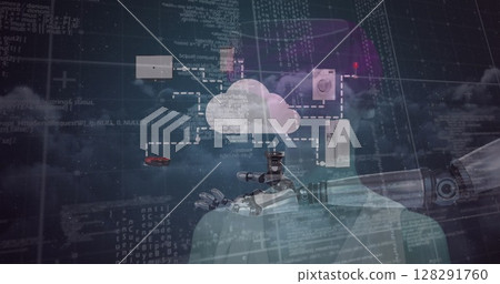 Image of cloud with connections, data processing over robot's arm and woman wearing vr headset Image of cloud with connections, data processing over robot's arm and woman wearing vr headset 128291760