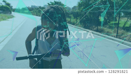 Glowing green network of connections against african american woman with scooter using smartphone Glowing green network of connections against african american woman with scooter using smartphone 128291821