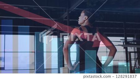 Image of statistics and graphs over woman exercising in an abandoned building Image of statistics and graphs over woman exercising in an abandoned building 128291837