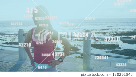 Multiple changing numbers against african american woman taking a break from running on promenade 128291843