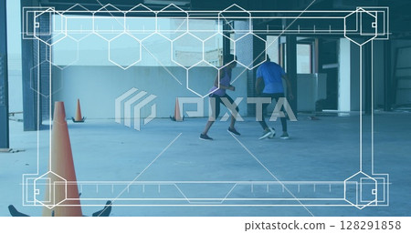 Digital interface with hexagonal shapes against african american woman and man playing soccer 128291858