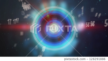 Image of blue circular scope scanning with falling numbers and red light on black 128291886