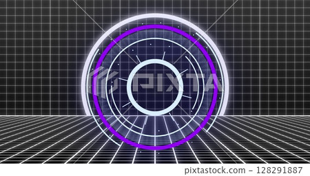Image of digital interface showing circular scope scanning with white grid 128291887