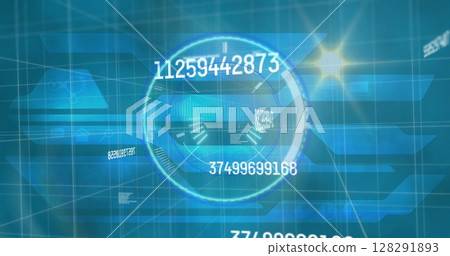 Image of scope scanning and numbers changing on blue background 128291893