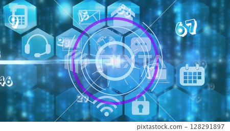 Image of digital interface showing circular scope with floating numbers and media icons in blue Image of digital interface showing circular scope with floating numbers and media icons in blue 128291897