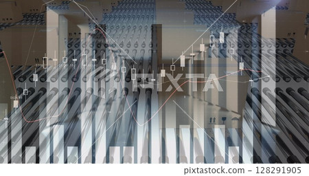 Image of statistics recording over cardboard boxes on conveyor belts Image of statistics recording over cardboard boxes on conveyor belts 128291905