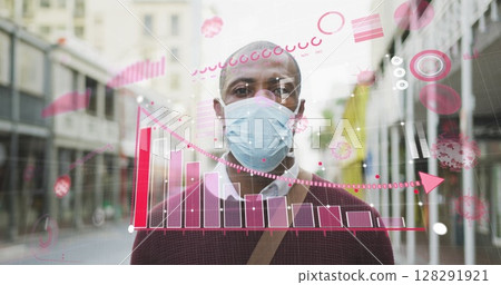 Image of covid 19 statistics over african american man wearing face mask on city street 128291921
