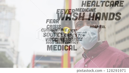 Covid-19 text concept against african american senior man wearing face mask standing on the street 128291971