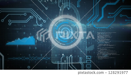 Image of scope scanning, data processing and online digital padlock with circuit board elements Image of scope scanning, data processing and online digital padlock with circuit board elements 128291977