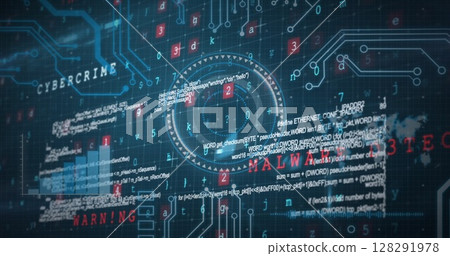 Image of scope scanning, data processing and world map on blue background 128291978