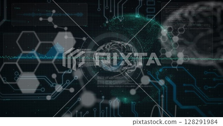 Image of data processing and human brains on black background Image of data processing and human brains on black background 128291984