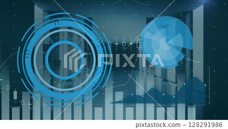 Image of scopes scanning and data processing on blue background 128291986