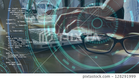 Image of data processing, scope scanning over woman using laptop Image of data processing, scope scanning over woman using laptop 128291999