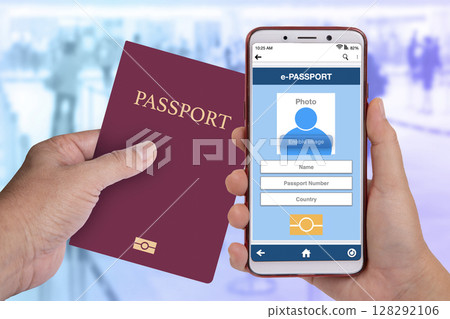 Comparison between a regular passport and an electronic passport. 128292106