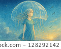 A girl and jellyfish floating in a fantastic sky 128292142