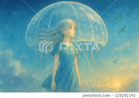 A girl and jellyfish floating in a fantastic sky 128292142
