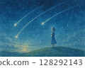 Back view of a girl praying to the starry sky 128292143